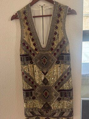 Alice + Olivia gold sequin dress with geometric beaded design in black and red